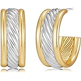 SHANTYSON Two Tone Hoop Earrings for Women Silver and Gold Plated Twisted Cable Open C Hoops Chic Hypoallergenic Earring Mixed Metal Jewelry