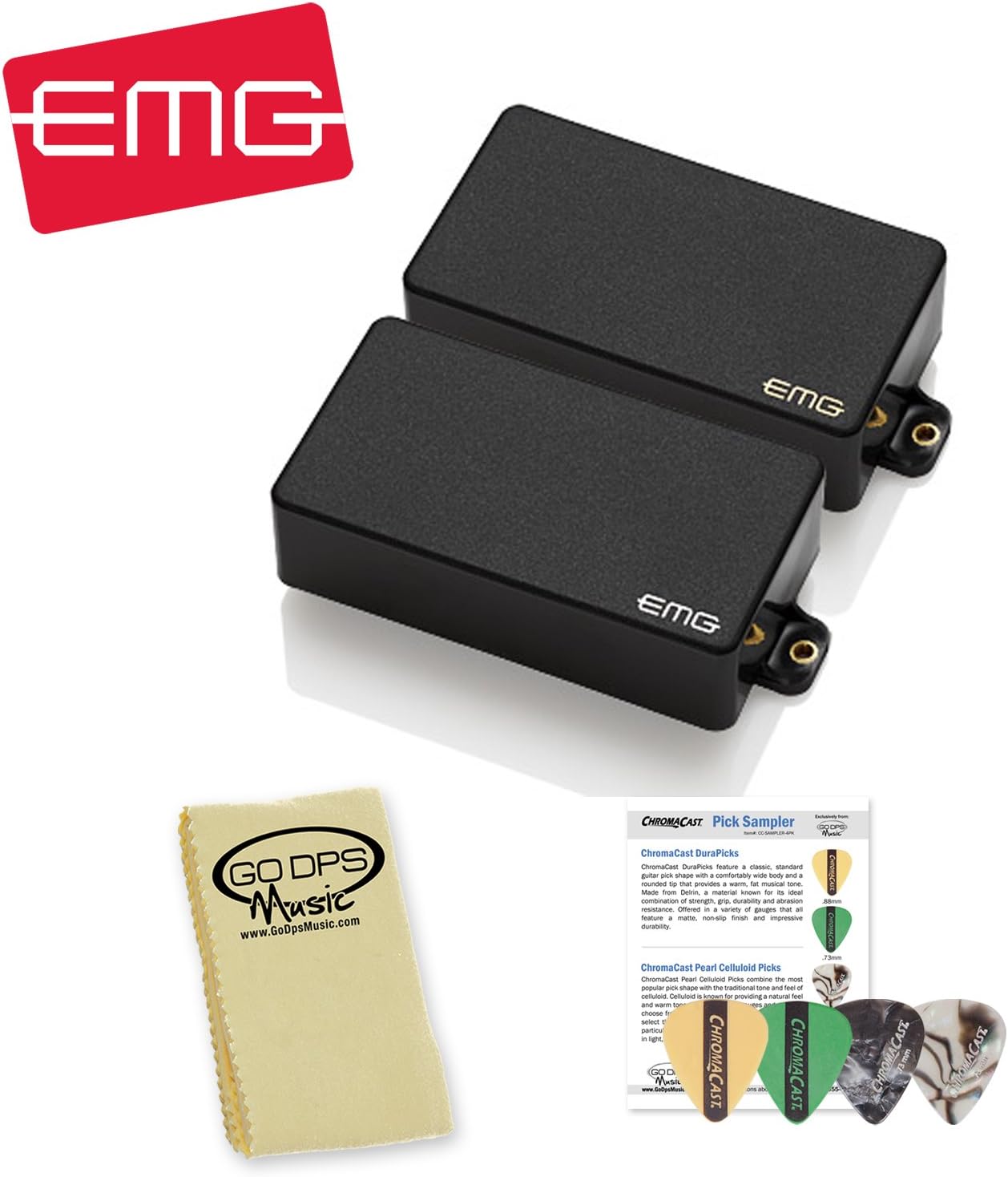 EMG Zakk Wylde Black Humbucking Active Pickup Set with GoDpsMusic Polish Cloth & ChromaCast 4 Pick Sampler