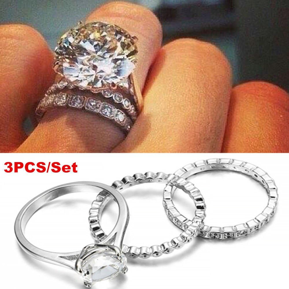 lertchai 3pcs 925 Silver Huge White Sapphire Birthstone Ring Set Wedding Women Jewelry (6)