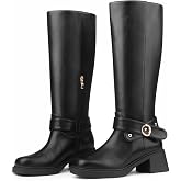 Ziheels Women's Riding Knee High Boots Square Toe Chunky Low Heels Side Zipper Buckle Moto Boots Fashion Y2K Boots Tall Fall Boots 2025 Black Matte US9
