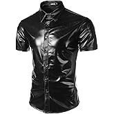 JOGAL Men's 70s Disco Shiny Metallic Gold Silver Short Sleeve Button Down Shirt