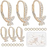 CREATCABIN 1 Box 6Pcs Butterfly Cubic Zirconia Leverback Earring Findings with Loop Real 18K Gold Plated Brass Earring Hooks French Earwires with 12Pcs Jump Rings 18.5x11mm for DIY Earring Making