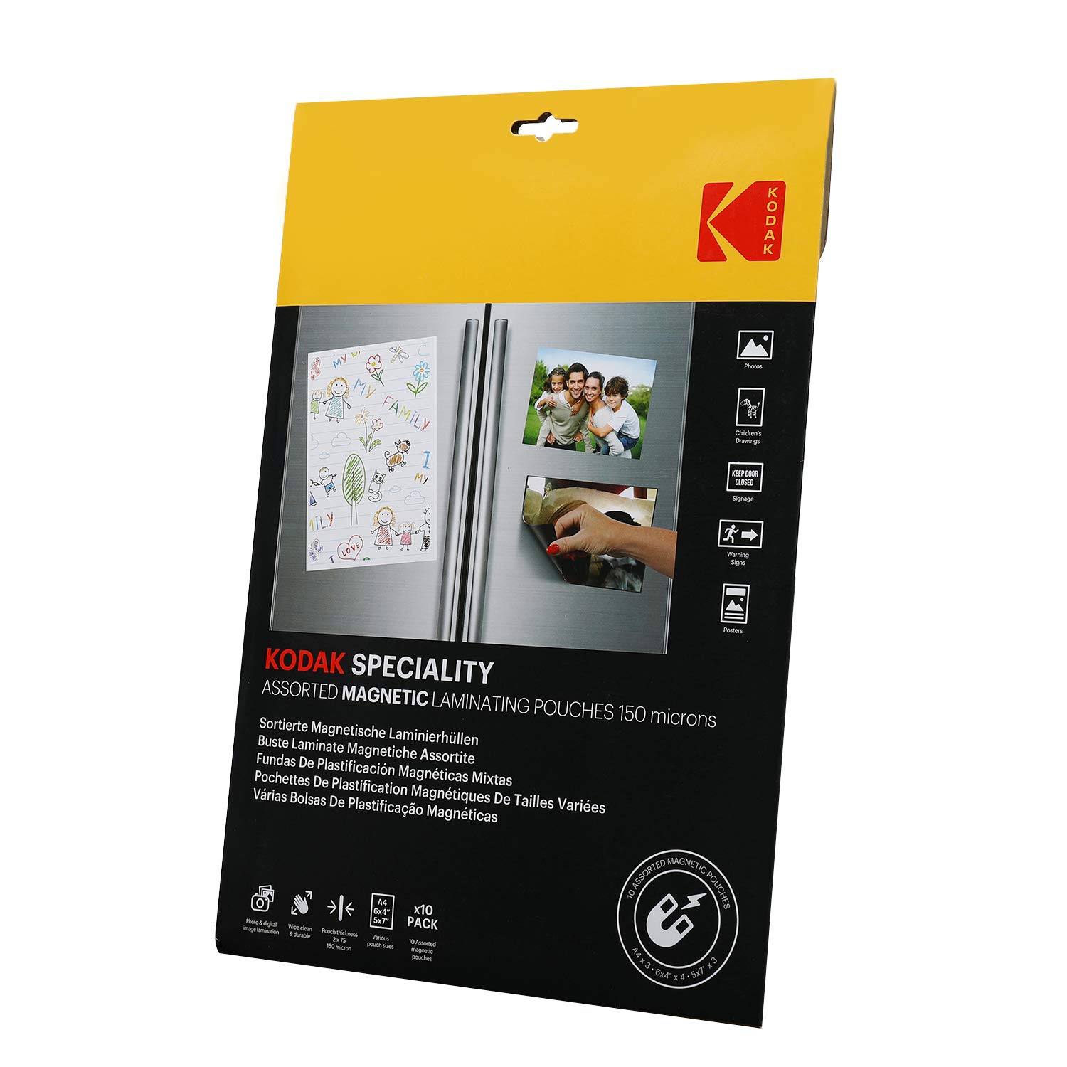 KODAK | Magnetic Laminating Pouches | Pack of Assorted Sizes | PK 10, 3pcs x A4, 4pcs 6" x 4", 3pcs 5" x 7" | 150 Micron Thickness | KODAK Brand Quality, Clear, KD-LMASSMAG-PK10C