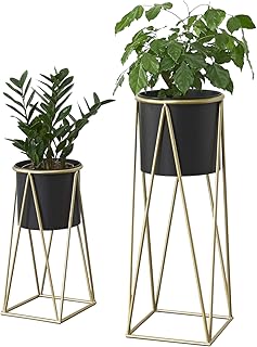 [en.casa] Pflanzständer im 2er Set Blumenständer aus Metall Blumentopf Ständer mit Übertopf Blumentopfhalter 2-TLG. Pflanztopf Deko Messingfarben Schwarz