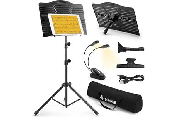 Donner Sheet Music Stand with Light, DMS-1 Portable Metal Ipad Music Stand, Tabletop Music Book Stand for Guitar, Ukulele, Vi
