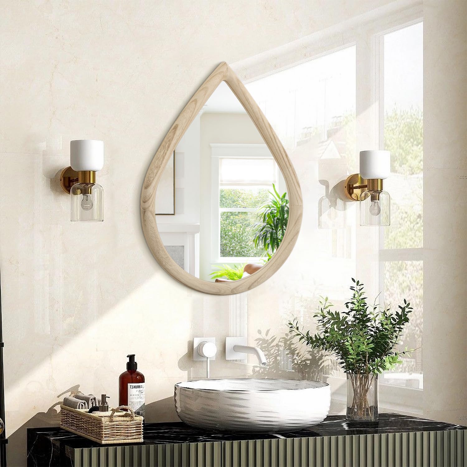Photo 1 of FEUFOAM Teardrop Wall Mirror Small Natural Wood Framed Wall Hanging Mirror Irregular Mirrors for Wall Decorative Farmhouse Bedroom Bathroom Entryway Mirrors