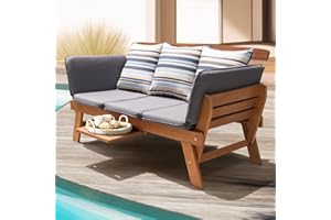 IDZO Amelie Outdoor Daybed Sofa: 750lbs Max Weight Support, Sleeper Chair with Armrest, Coffee Tray, 3 Pillows, FSC Wood, Gray, Ideal for Outdoor Couch