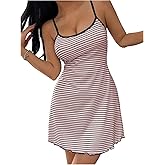 SHENHE Women's Spaghetti Strap Striped Nightgown Lettuce Trim Sleepwear Pajamas Dress