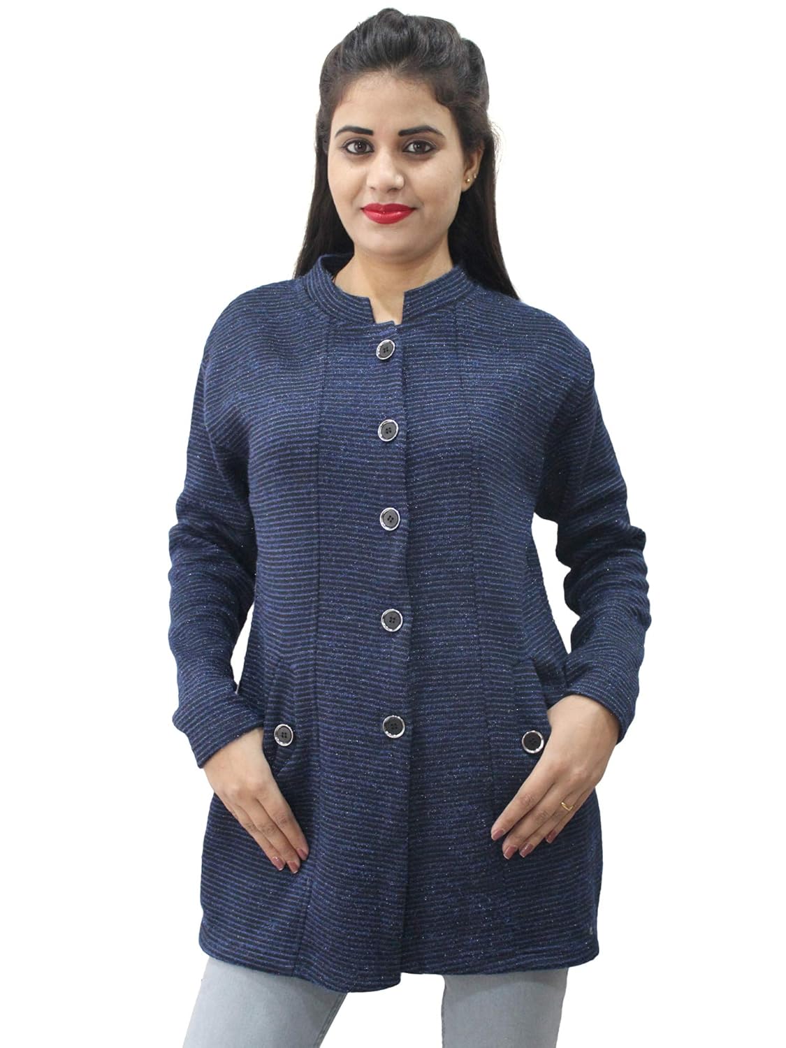 matelco womens woollen grey stripes buttoned cardigan/coat with pockets