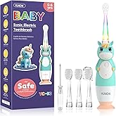 YUNCHI Toddler Electric Toothbrush Kids 0-3-6 Years, Baby Electric Toothbrush with Colorful LED Light, Battery Powered Toddler Toothbrush with 2 Minutes Timer 4 Brush Heads, Infant Toothbrush (Green)
