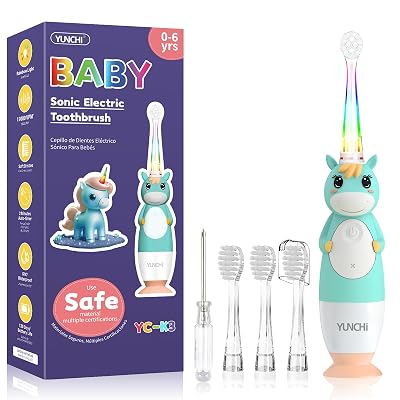 YUNCHI Toddler Electric Toothbrush Kids 0-3-6 Years, Baby Electric Toothbrush with Colorful LED Light, Battery Powered Toddler Toothbrush with 2 Minutes Timer 4 Brush Heads, Infant Toothbrush (Green)