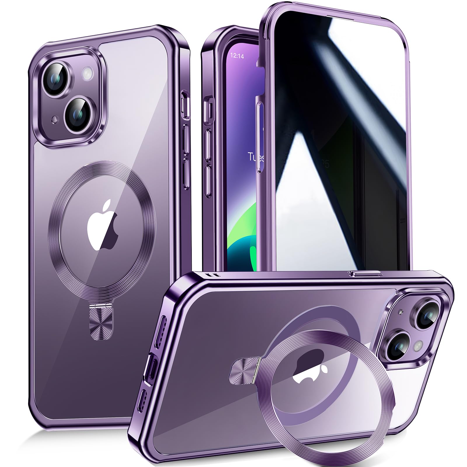 Reukdnv [CD Metal Ring Stand + Built-in Privacy Screen Protector] Magnetic Case for iPhone 14 6.1" [Soft Bumper Full Signal] [Compatible with MagSafe] 9H Glass Full Body Shockproof Clear Case, Purple