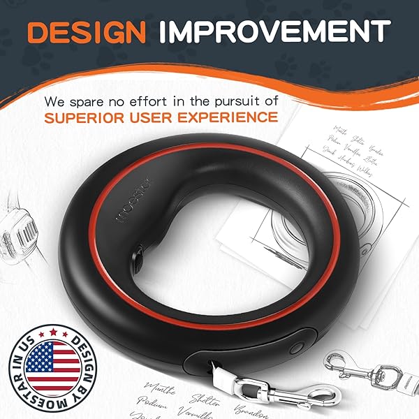 MOESTAR UFO RETRACTABLE DOG LEASH HANDS FREE WEARABLE WITH POOP BAG HOLDER ONE-HANDED BRAKE PAUSE LOCK 360° TANGLE FREE 10FT DOG LEASH FOR UP TO 66LBS MEDIUM SMALL DOGS (BLACK/ORANGE)