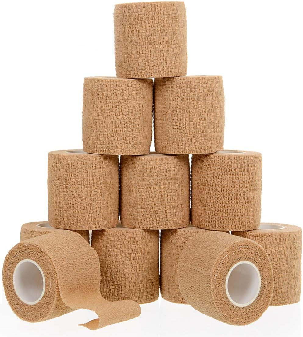 Self Adherent Cohesive Wrap Bandages (12 Pack Bundle) - 2” Wide, 5 Yards All Sports Athletic Tape | Brown Non-Woven Bandage | Breathable Wound Tape | Medical Stretch, Cover All Tape: Health & Personal Care