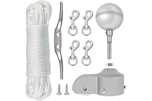 NQ Flagpole Hardware Repair Parts Kit-50Ft Halyard Rope 3" Silver Ball + 6" Zinc Alloy Cleat + 4PCS Metal Swivel Snap Clips +
