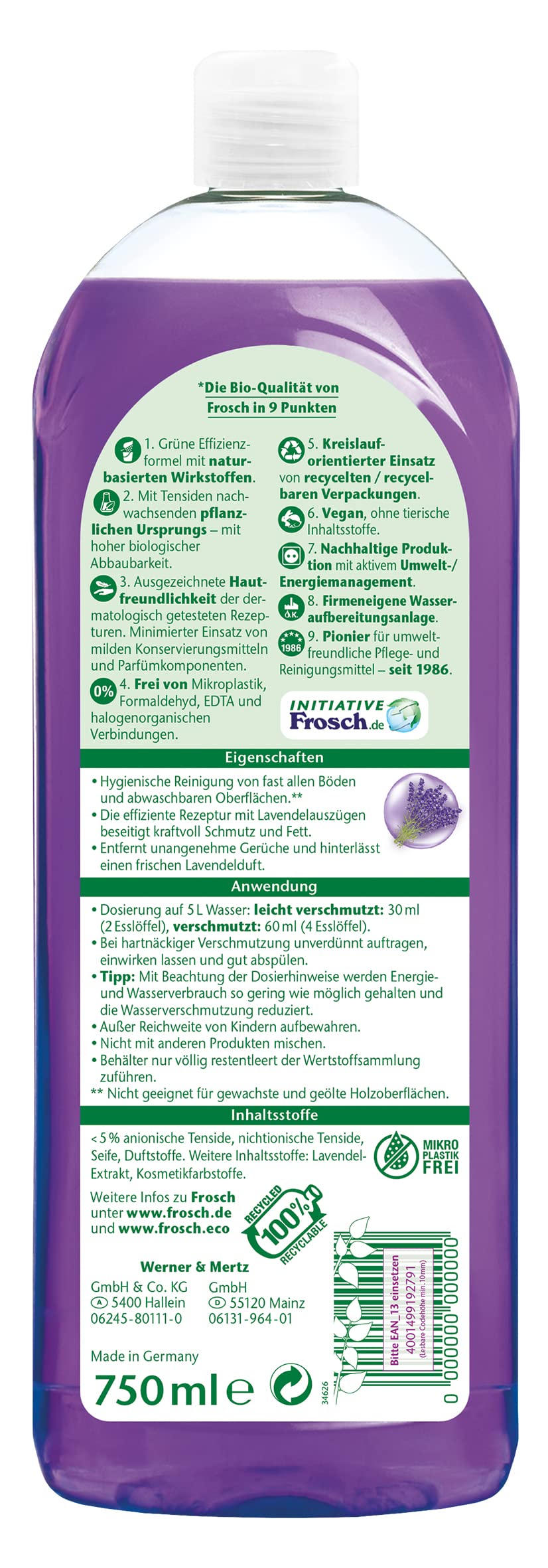 Frosch Lavendel Universal-Reiniger,kraftvoller Allzweckreiniger, leistungsstarke Reinigungskraft fürs gesamte Zuhause, 1er Pack (1 x 750 ml) 2