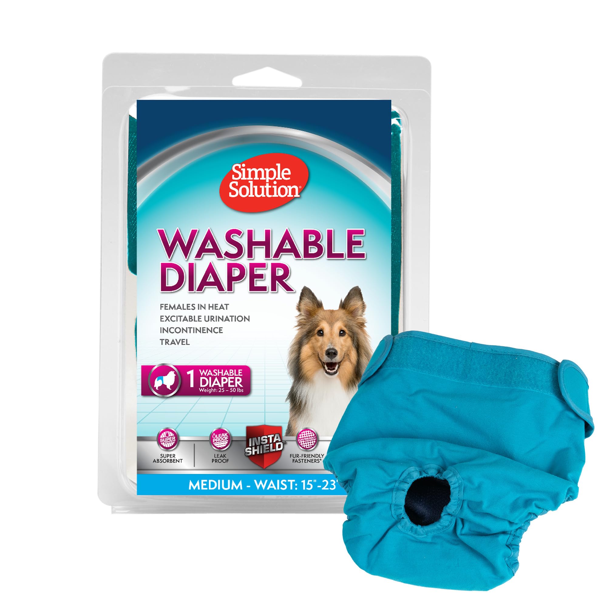 Simple Solution Washable Re-usable Female Dog Diapers, Absorbent with Leak Proof Fit for Excitable Urination, females in heat or Incontinence - 1 x Medium Dog Diaper