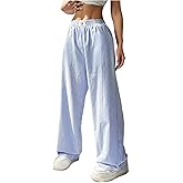 WDIRARA Women's Striped Print Straight Leg Pants Elastic Waist Casual Trousers with Pockets
