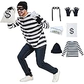 Adult Robber Halloween Thief Costume Set T-Shirt Eye Mask Money Bag Beanie & Gloves Funny Bandit Burglar Outfit for Men