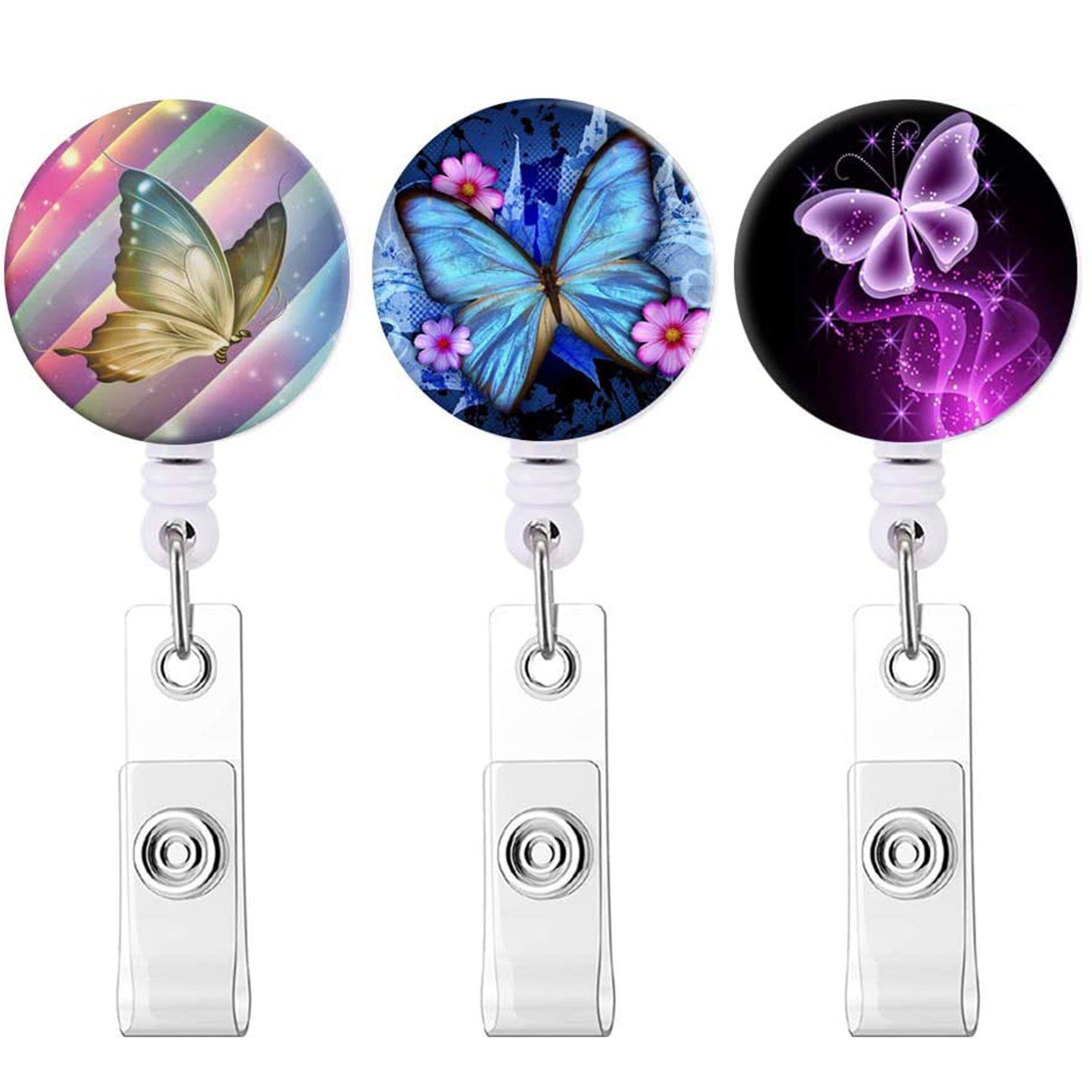 Pretty Butterfly Pattern Badge Reel Nursing Retractable Badge Holder Keychain Carabiner with Alligator Clip On ID Card Holders (3pack Butterfly)
