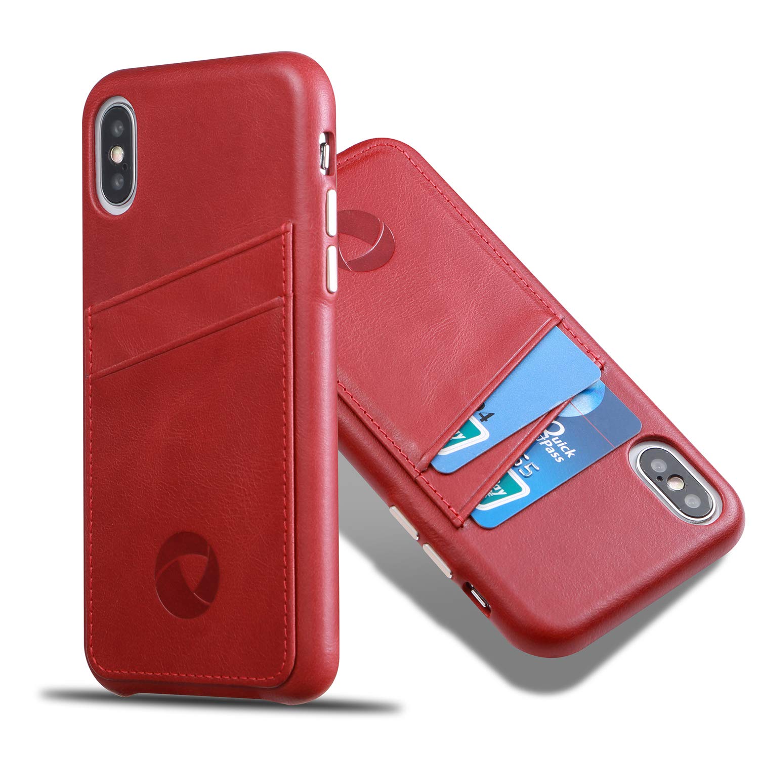 LUCKYCOIN Genuine Leather Case with Card Holder for iPhone XS Max 6.5in,Wallet Case with Metal Buttons,Red