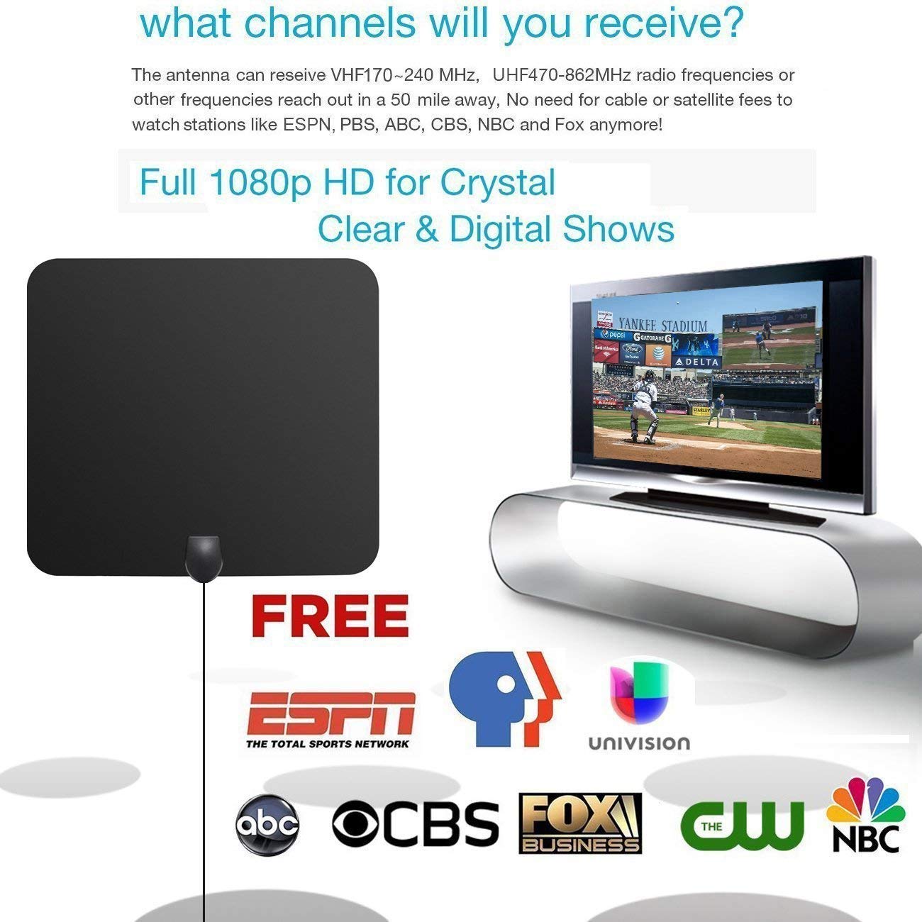 HD Digital TV Antenna 【2018 UPGRADED】 Amplified HD Digital TV Antenna with Long 60-80 Miles Range Support 4K 1080p & All Older TV\'s for Indoor with Powerful HD TV Amplifier Signal Booster - 16ft Cable