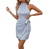 LIGHT DOT Women's Summer Dress Dot Print Halter Neck Tie Waist Casual Zipper Back Sundress Vacation Beach