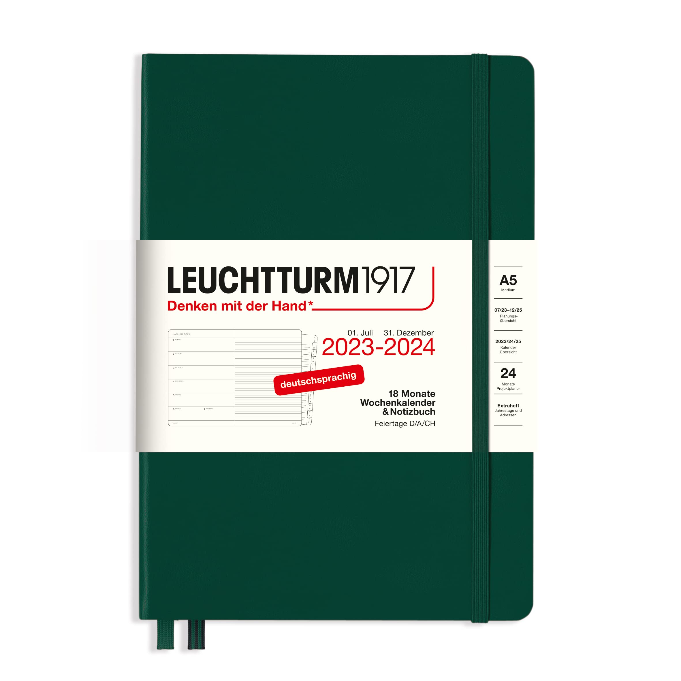 LEUCHTTURM1917 367679 Weekly Calendar & Notebook Medium (A5) 2024, 18 Months, Forest Green, German