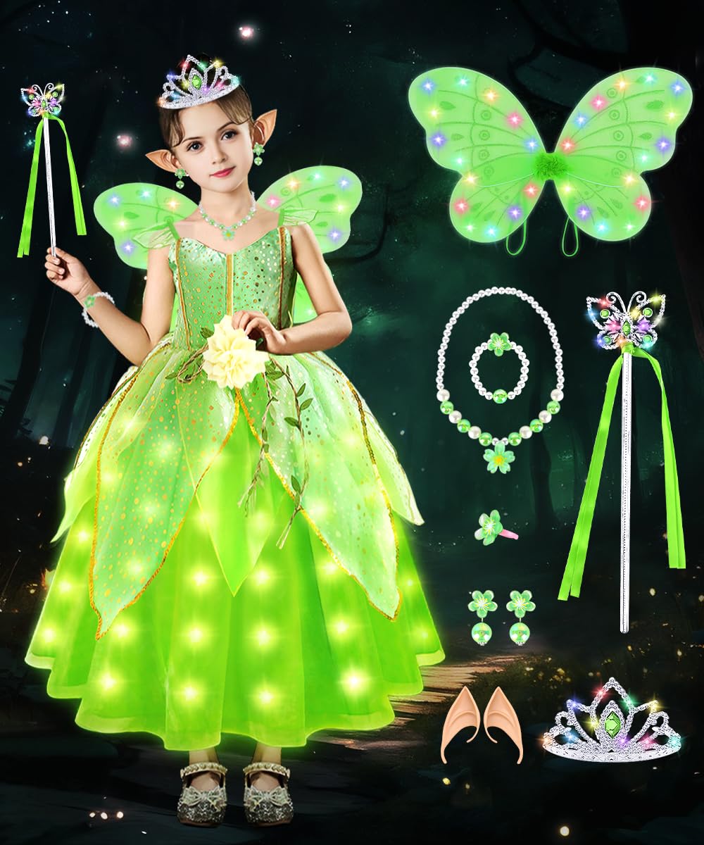 Tinkerbell Costume Kids, Light Up Princess Dress Up for Girls,Tinkerbell Fancy Dress with Butterfly Wings, Glowing Tinkerbell Princess Dress Fairy Costume for Party Carnival Halloween Cosplay (120cm)