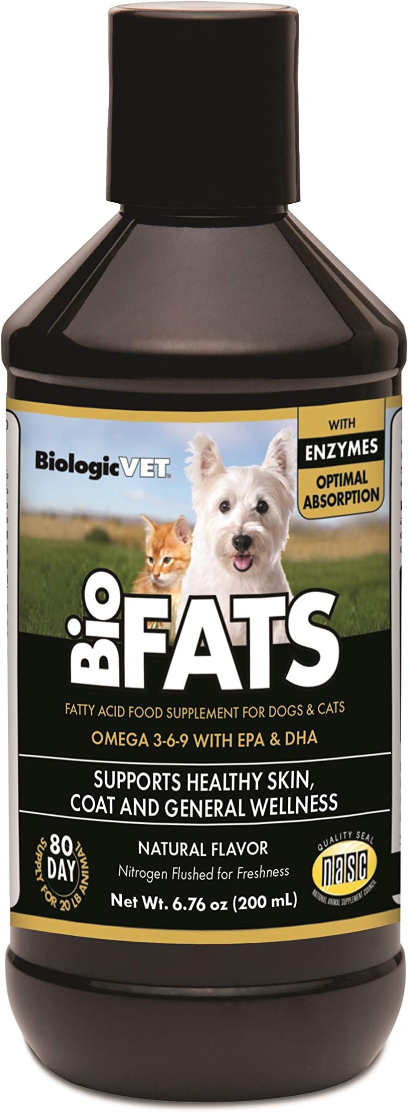 BioFATS Omega 3-6-9 Fatty Acid with EPA & DHA, Supports Healthy Skin, Coat and General Wellness, 80-Day Supply for 20-lb. Animal, 6.76-fl. oz. Bottle