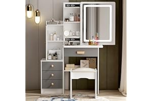 AGOTENI Small Vanity Table Makeup Vanity Dressing Table with Mirror, 4 Drawers & Shelves, Dressing Desk and Cushioned Stool Set (White/Grey, Slidding Lighted Mirror)