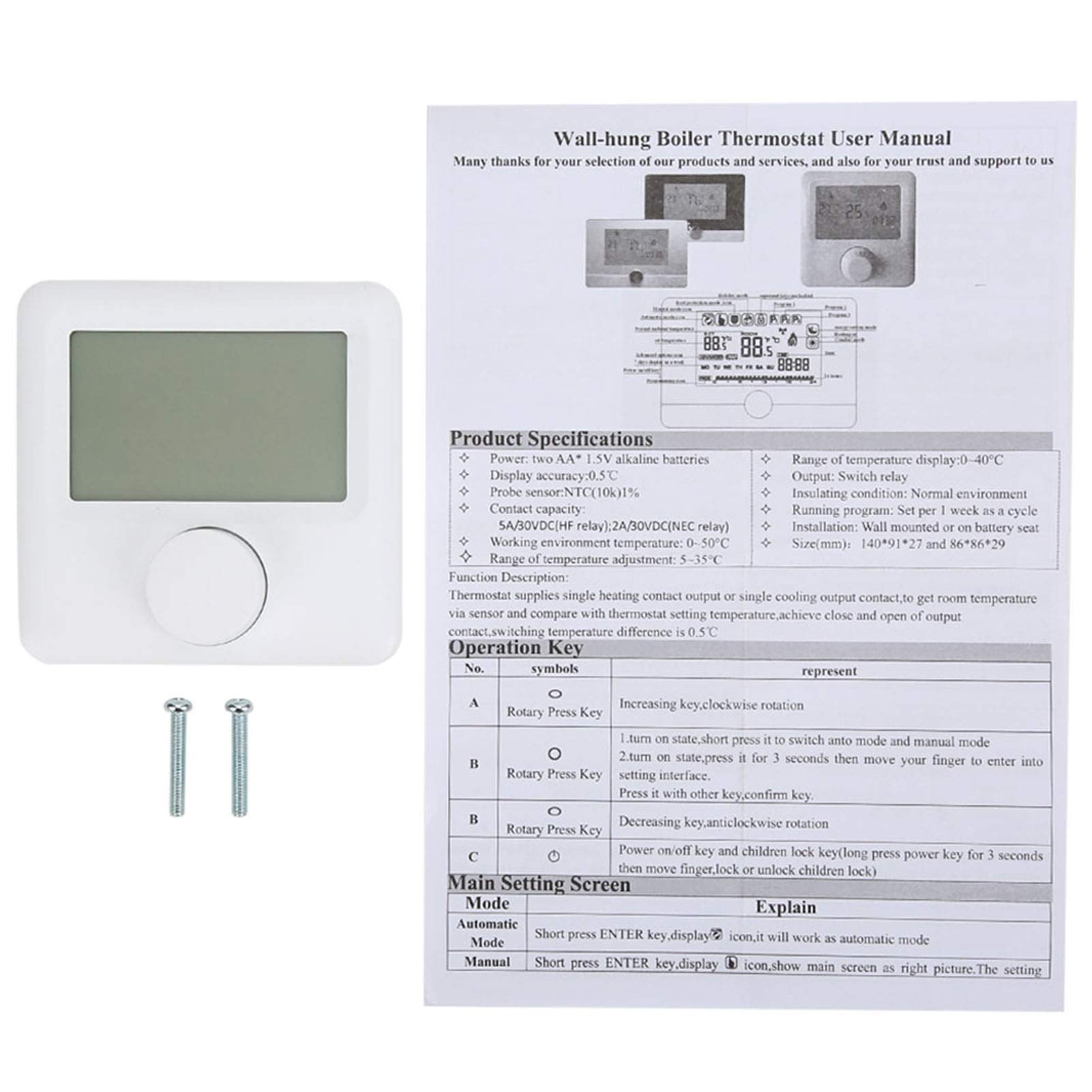 Digital LCD Display Two Wire 2 Wire Thermostat, Room Thermostats for Central Heating Temperature Control for Central Heating Programmable Thermostat Temperature Controller