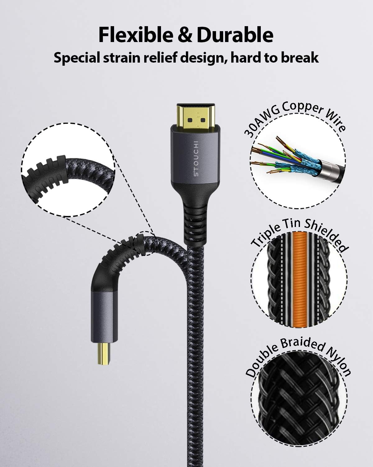Stouchi HDMI Cable 2m(6Ft) 10K 8K Ultra High Speed HDMI® Cable 10K 8K@60HZ 4K@144/120Hz RTX 3080 eARC HDR10 4:4:4 HDCP 2.2&2.3 Dolby Compatible with Roku TV/PS5/Xbox Series X/Samsung/Sony/LG - Image 5
