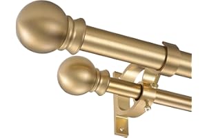 Mayrhyme Warm Gold Double Curtain Rods 36-72 Inch,1’’Front and 5/8’’Back Double Drapery Rod with Small Round Ball and Aluminum Brackets, Adjustable Dual Window Rod for Sheer/Blackout Curtains