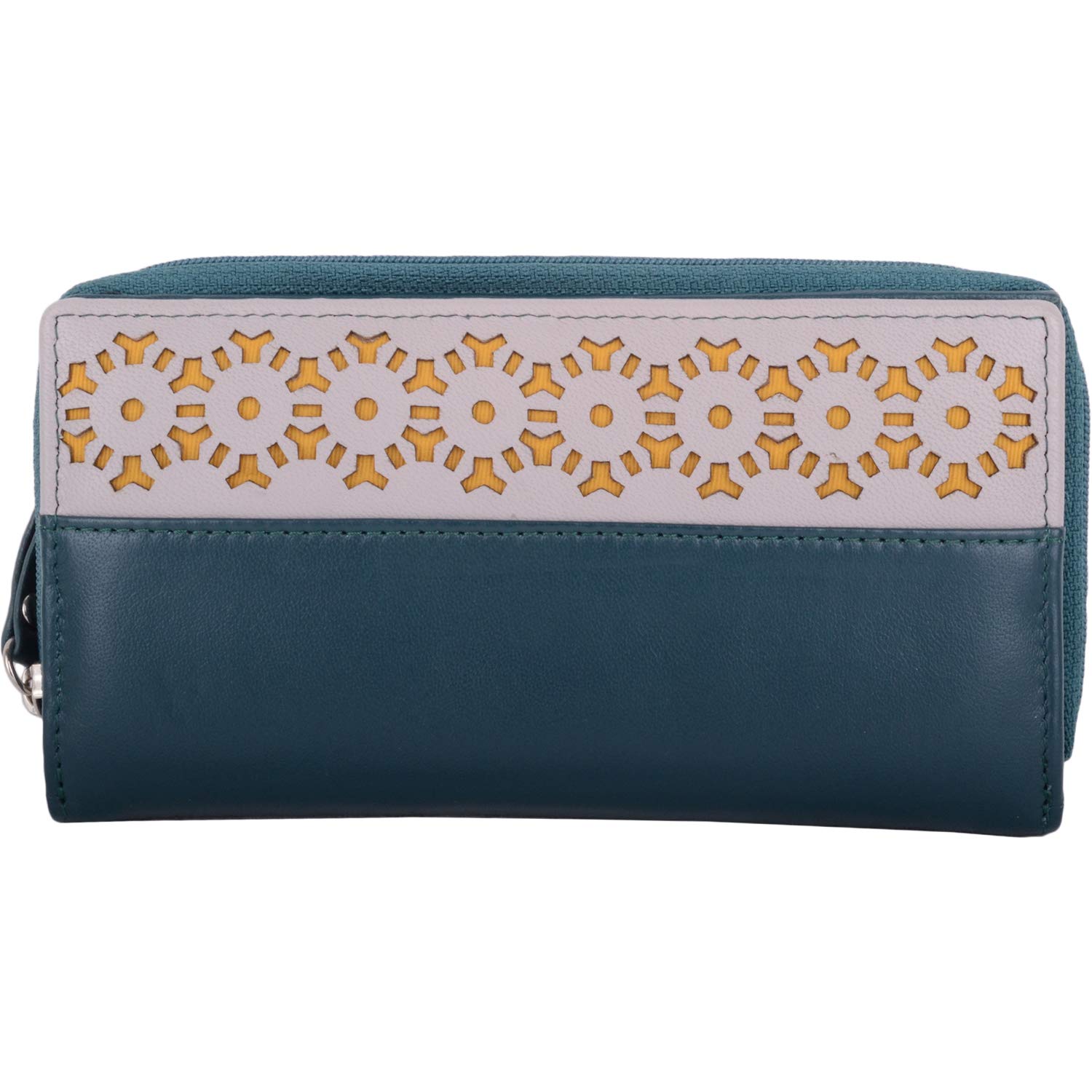 Womens Soft Genuine Leather RFID Protected Floral Money/Credit Card Purse - Teal/Ivory