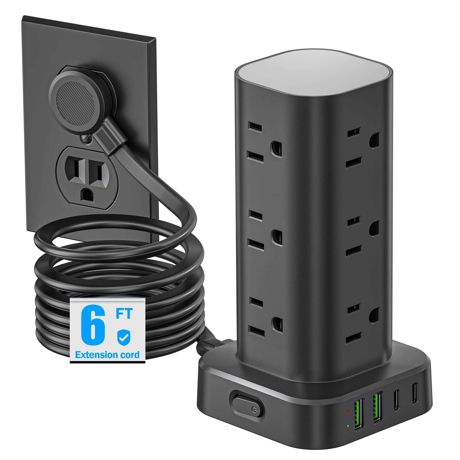 Tower Power Strip with Surge Protector - 12 AC Outlets & 4 USB Ports (2 USB-C), 6FT Extension Cord, Charging Station Tower for Home Office Dorm Travel (Black)