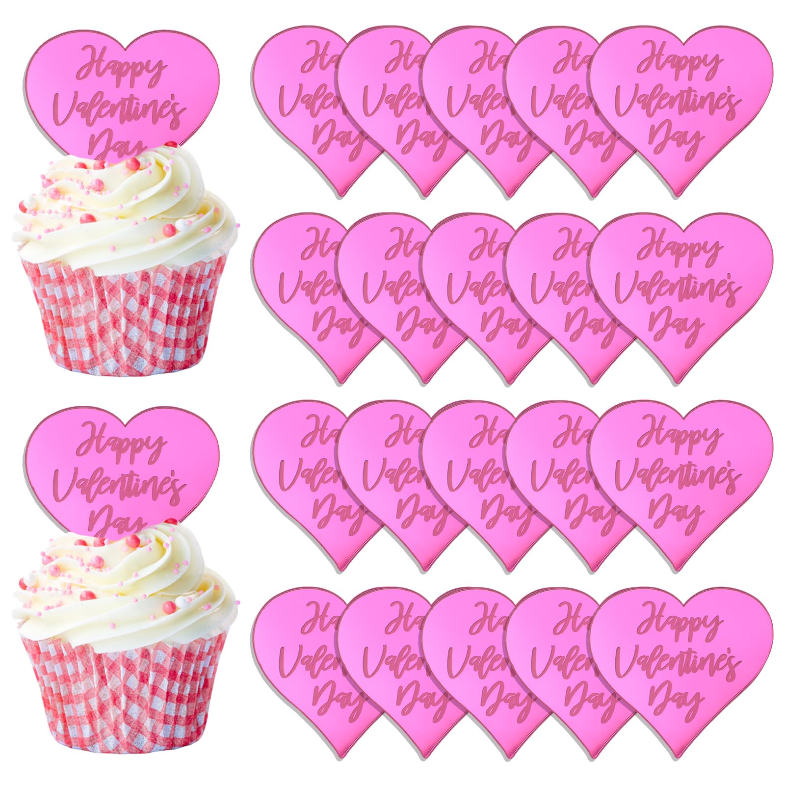 URROMA Rose Happy Valentines Day Cake Topper, 20pcs Heart Cake Discs Mirror Acrylic Cake Picks Cake Topper Party Decorations for Wedding Engagement Party Valentines Day