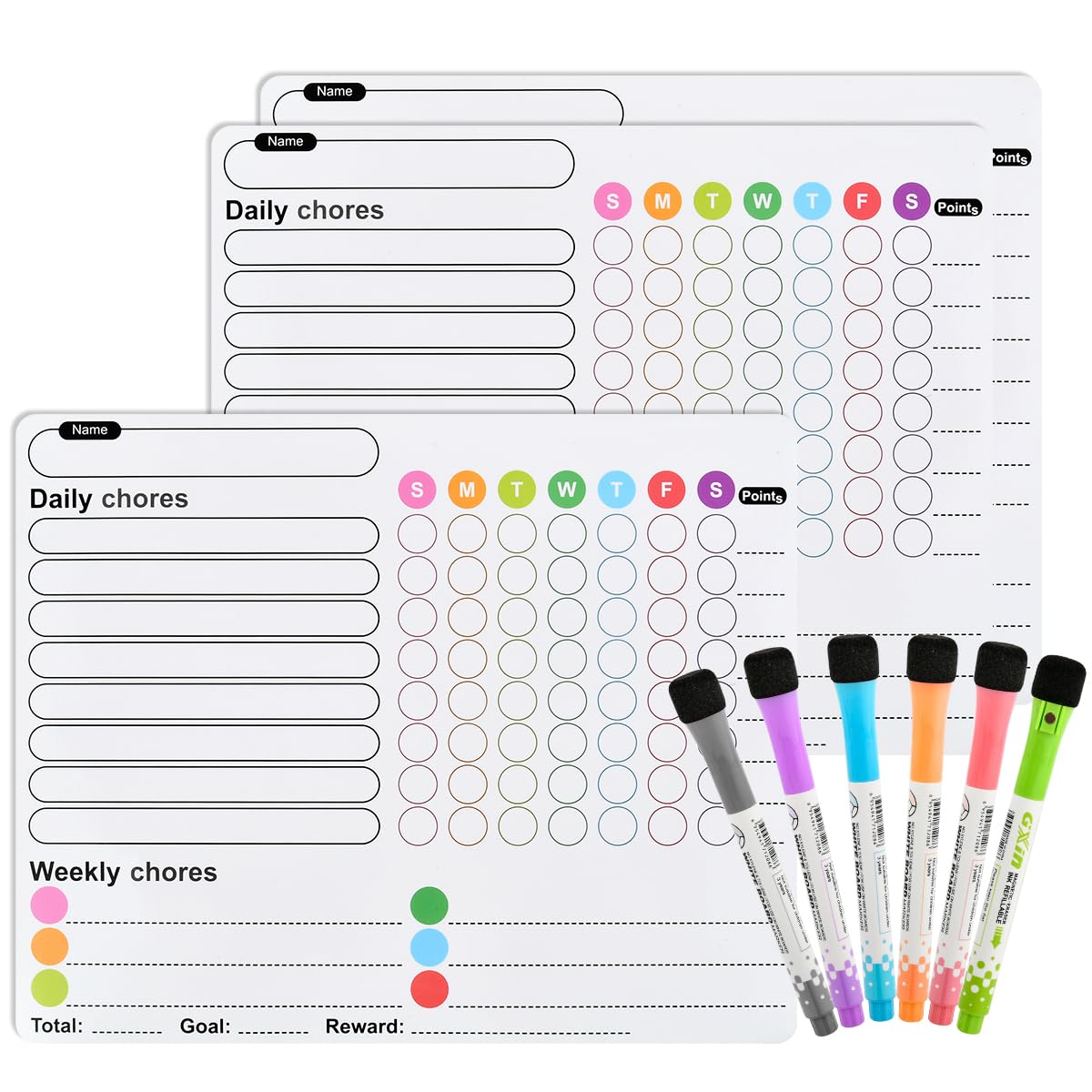 DODUOS 3PCS Magnetic Chores Chart for Kids with 6PCS Fine Tip Markers, Reusable Magnetic Reward Charts, Learning Responsibility Chart for Kids, Reward Chart Magnetic Chore Chart for Kids