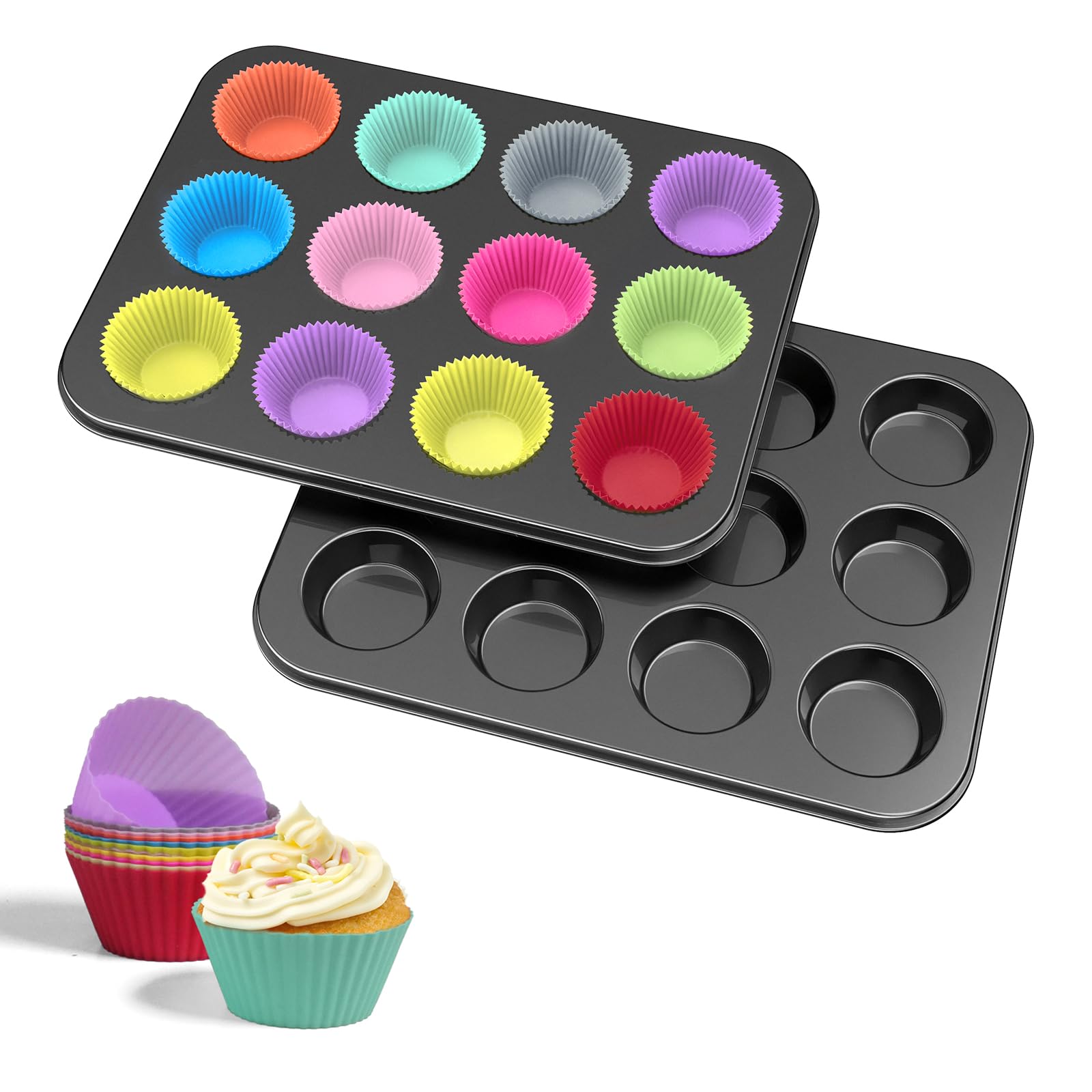 Photo 1 of *** FACTORY SEAL***

WIBIMEN Muffin Pan with 24 Silicone Cupcake Baking Cups - Non-stick Regular Size Cupcake Pan - Reusable Muffin Tin Baking Pans Set for Making Muffin Cakes, Tart, Bread(2PCS: 12-Cup Regular)