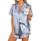 Ekouaer Womens Satin Pajamas Set Button Down 2 Piece Silk Pjs Shorts Set Ruffle Lingerie Notch Collar Sleepwear