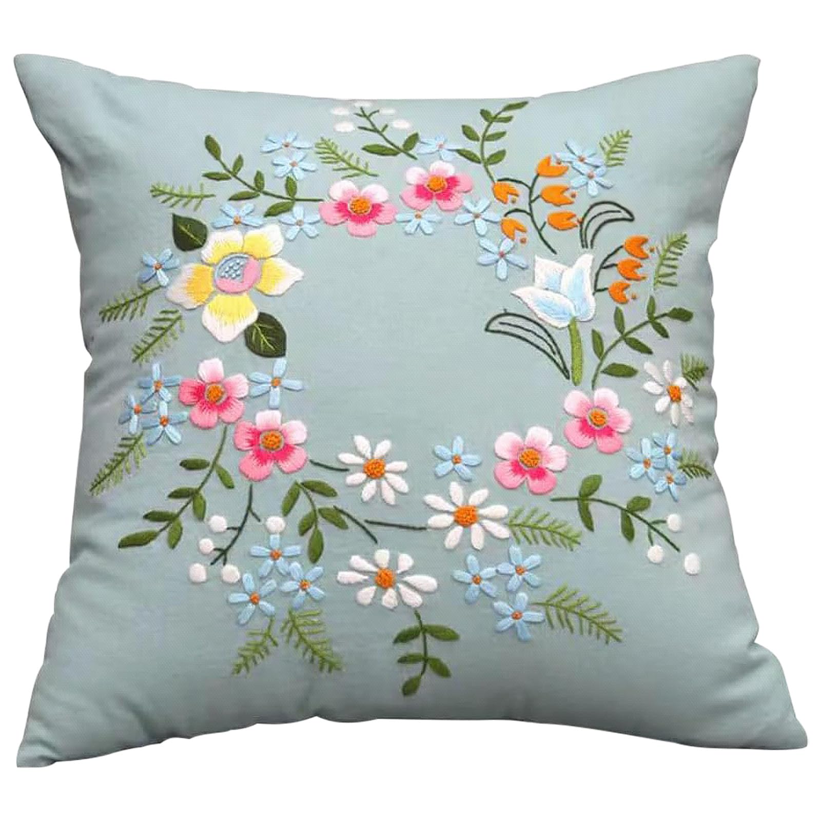 wiksite Embroidery Kit Pillowcase DIY Kit Cushion Cover Pillow Cover Embroidery Kit, Car Cushion DIY Hand Embroidery Pillow Case Kit Stitch Set with Flower Patterns and Embroidery Hoop Sewing Craft