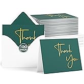 VNS Creations Gold Foil Thank You Cards With Envelopes Bulk Set & Stickers - 100 Pack 4x6 Blank Thank You Notes Set - Large Note Card Small Business, Wedding, Baby Shower & Bridal Shower - Post Green