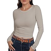 Roselux Womens Long Sleeve Stretch Crewneck Ribbed Knit Fitted Crop Top Casual Basic Shirts