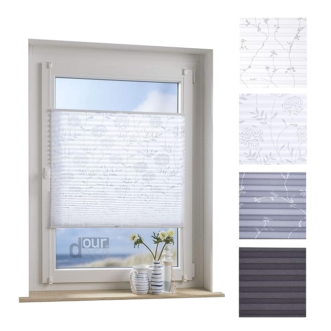 ourdeco® Plissee / 120 x 130 cm weiß, Ausbrenner mit Blumenmotiv/lichtdurchlässig/Klemmen=Montage ohne Bohren=Smartfix=Klemmf