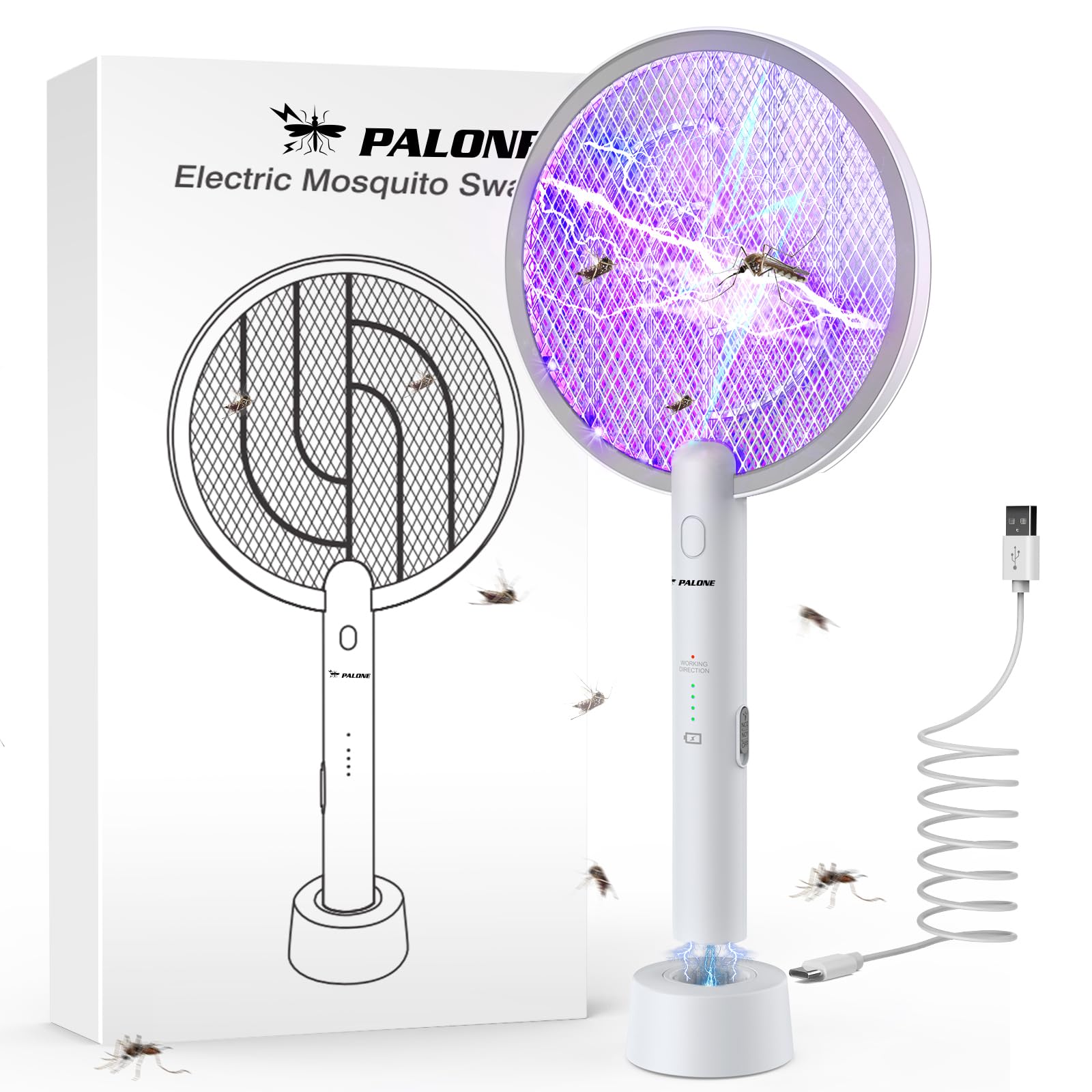 PALONE Electric Fly Swatter, Bug Zapper Fly Killer Rechargeable Fly Zapper Racket, Handy Fly Killer Racket, Mosquito and Wasp Killer, Insect Killer for Indoor and Outdoor Pest Control (White*1)