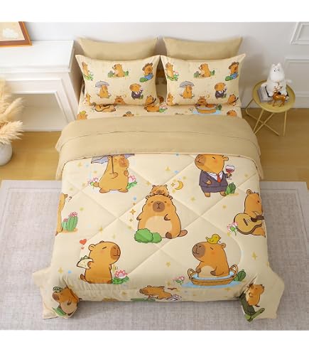Feelyou Set Biancheria Letto Giapponese Capybara E Fiori Di Ciliegio - 7 Pezzi Rosa - 5