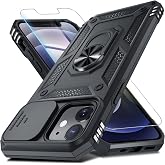 for iPhone 12/iPhone 12 Pro Phone Case Built in Slide Camera Lens Cover | with Tempered Glass Screen Protector+Finger Ring Holder Kickstand,Heavy Duty Shockproof Full Body Phone Cover,Black