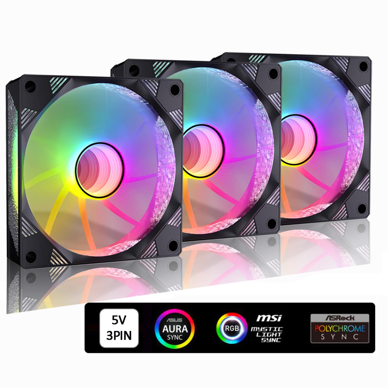 DS 5V Motherboard Connector Multilayer Mirror 120MM ARGB Fans for PC Cases, CPU Coolers, Water Cooling Radiators System (Compatible with ASUS Aura Sync or MSI Mystic Control, 3Pack RGB Fans, E Series)