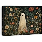 Halloween Wall Art Decor Ghost Floral Canvas Print Framed 8x10 Inch | Autumn Whimsigoth Decor for Home Living Room Bedroom Halloween Ghost Flower Framed Canvas Artwork