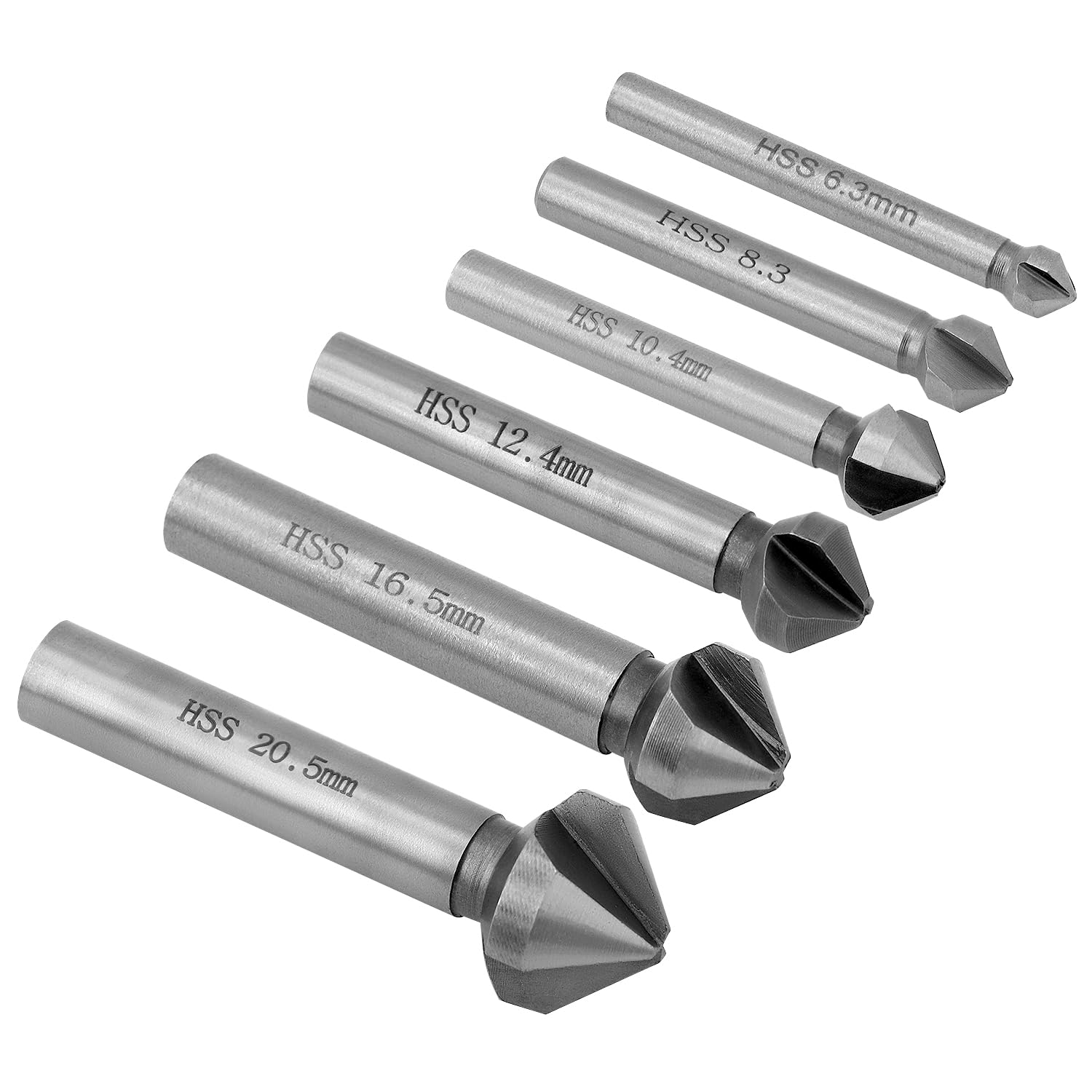 QWORK® 6Pcs Countersink 90°, 6.3-20.5 mm HSS Steel Countersink Drill Bit, Countersink Deburring Tools for Wood, Metal, Plastic